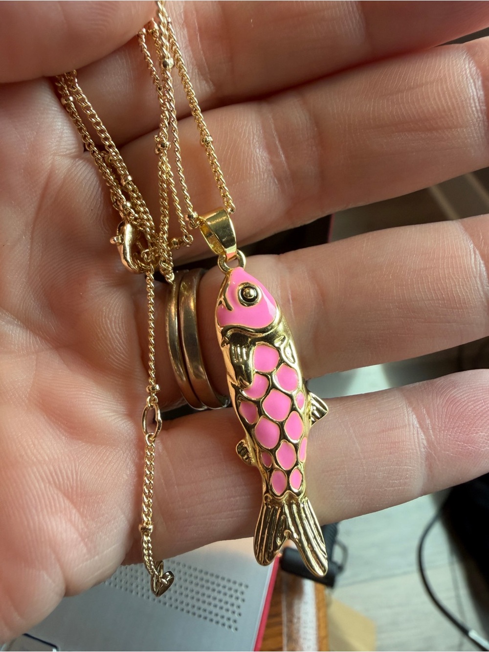 Gold tone Pink Fish Pendant Necklace